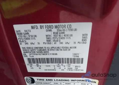 2013 Ford F-150 Fx4 from USA, damaged, VIN 1FTFW1ET8DFC11936